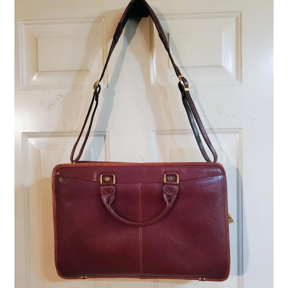 Cognac Brown Leather Briefcase‎ Lap Top Case Dbl Handle Shoulder Strap Vantaggio